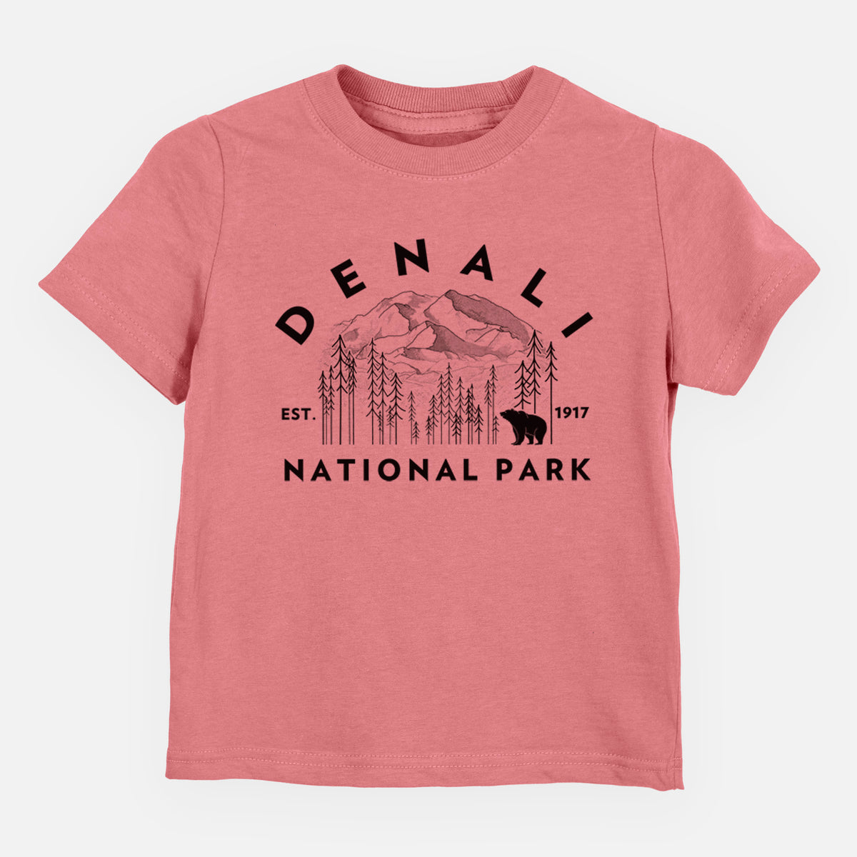 Mauve pink toddler t-shirt laid flat, printed with a round badge of mountains, pine trees and a bear, with the words Denali National Park, Est. 1917.