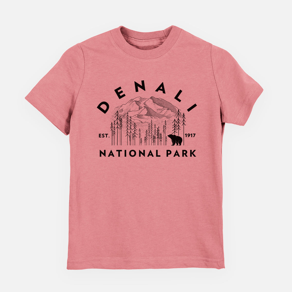 Mauve pink youth t-shirt laid flat, printed with a round badge of mountains, pine trees and a bear, with the words Denali National Park, Est. 1917.