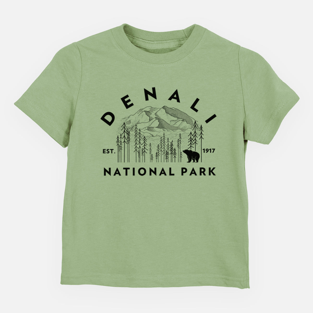 Sage green toddler t-shirt laid flat, printed with a round badge of mountains, pine trees and a bear, with the words Denali National Park, Est. 1917.