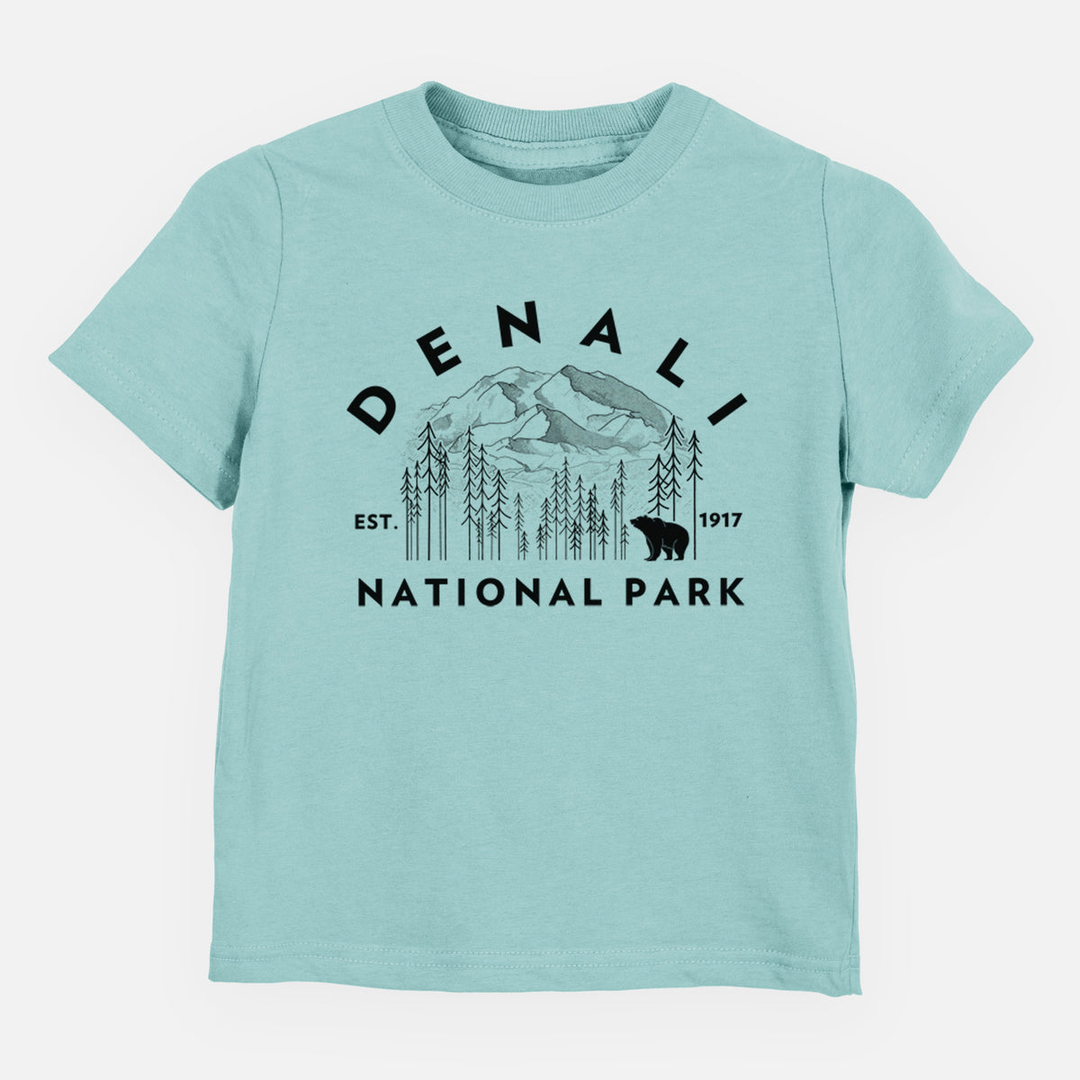 Saltwater toddler t-shirt laid flat, printed with a round badge of mountains, pine trees and a bear, with the words Denali National Park, Est. 1917.