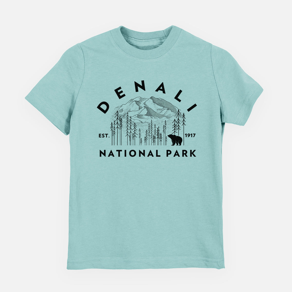 Saltwater youth t-shirt laid flat, printed with a round badge of mountains, pine trees and a bear, with the words Denali National Park, Est. 1917.
