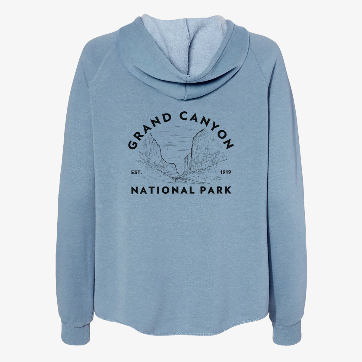 Misty blue women's Cali Wave zip-up sweatshirt laid flat, printed with a round badge of canyon cliffs, with the words Grand Canyon National Park, Est. 1919.