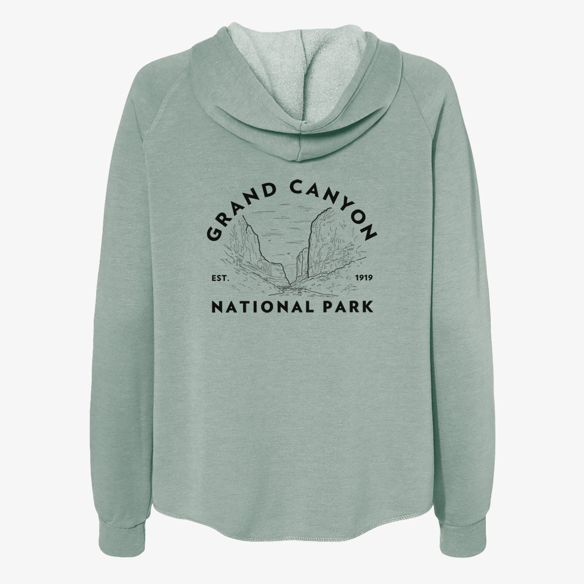 Sage green women's Cali Wave zip-up sweatshirt laid flat, printed with a round badge of canyon cliffs, with the words Grand Canyon National Park, Est. 1919.
