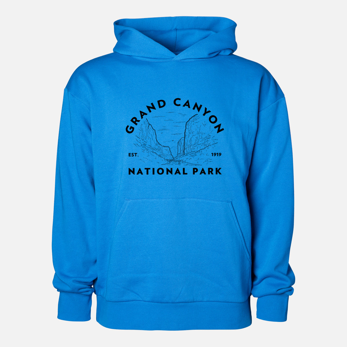 Grand Canyon National Park - Statement Midweight Hoodie in Azure Blue, shown from the front with the design printed on the chest above a front kangaroo pocket.