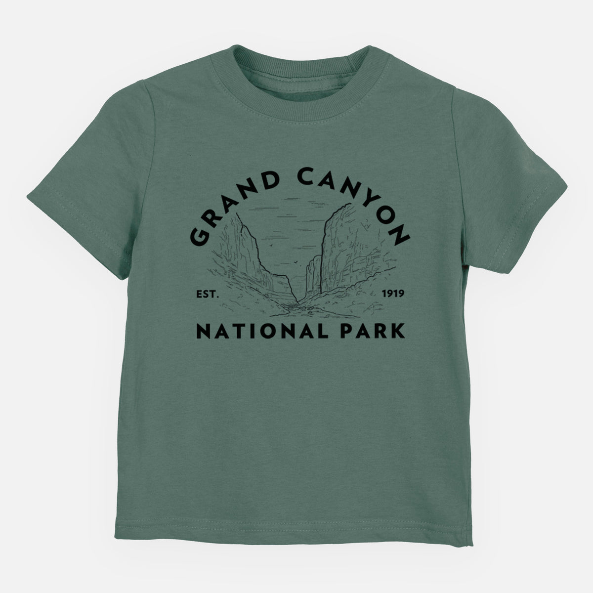 Basil green toddler t-shirt laid flat, printed with a round badge of canyon cliffs, with the words Grand Canyon National Park, Est. 1919.