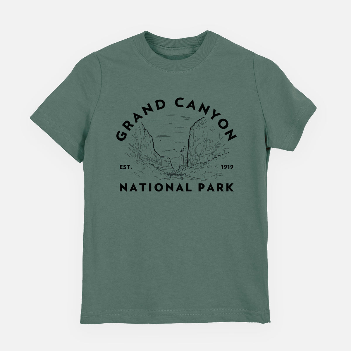 Basil green youth t-shirt laid flat, printed with a round badge of canyon cliffs, with the words Grand Canyon National Park, Est. 1919.