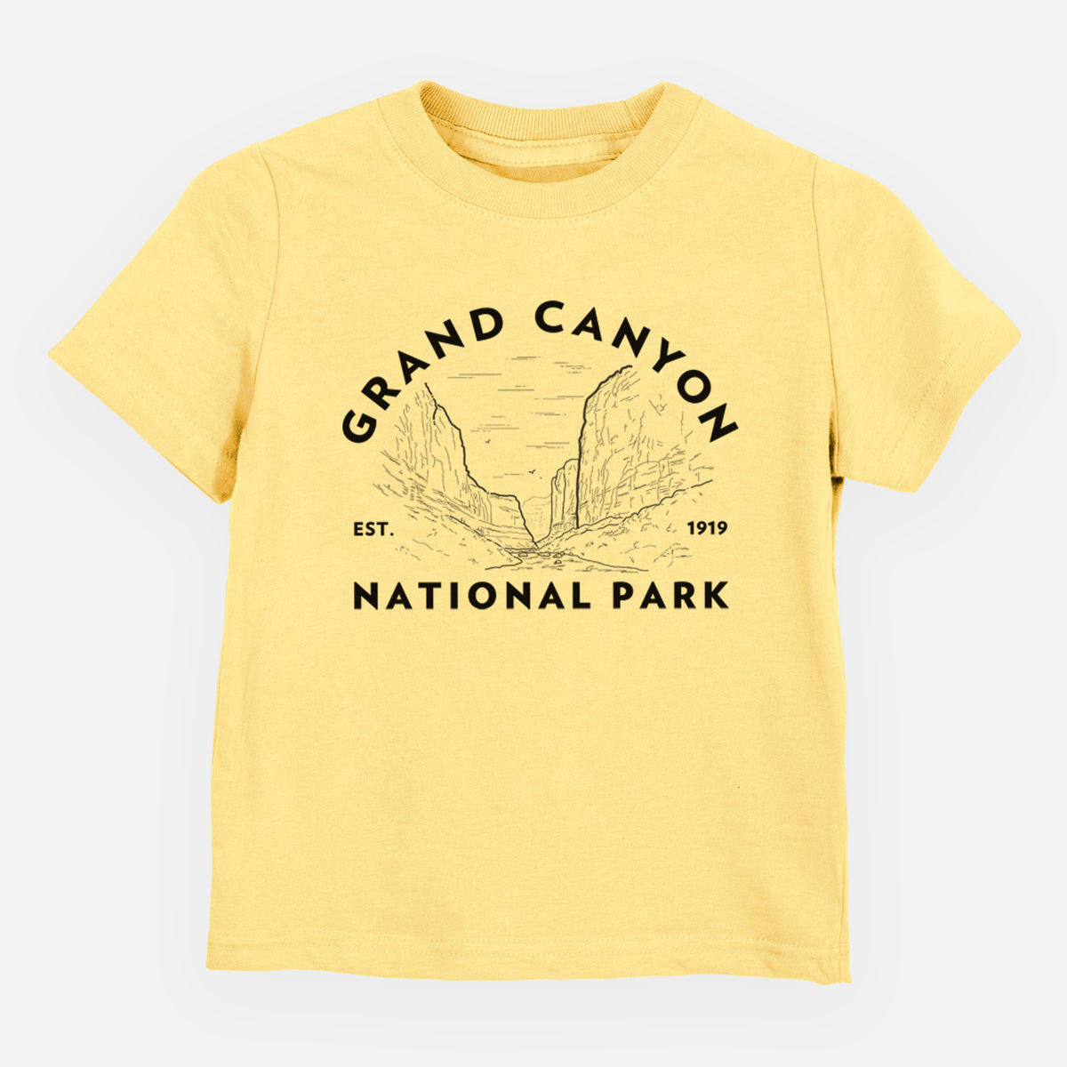 Butter yellow toddler t-shirt laid flat, printed with a round badge of canyon cliffs, with the words Grand Canyon National Park, Est. 1919.