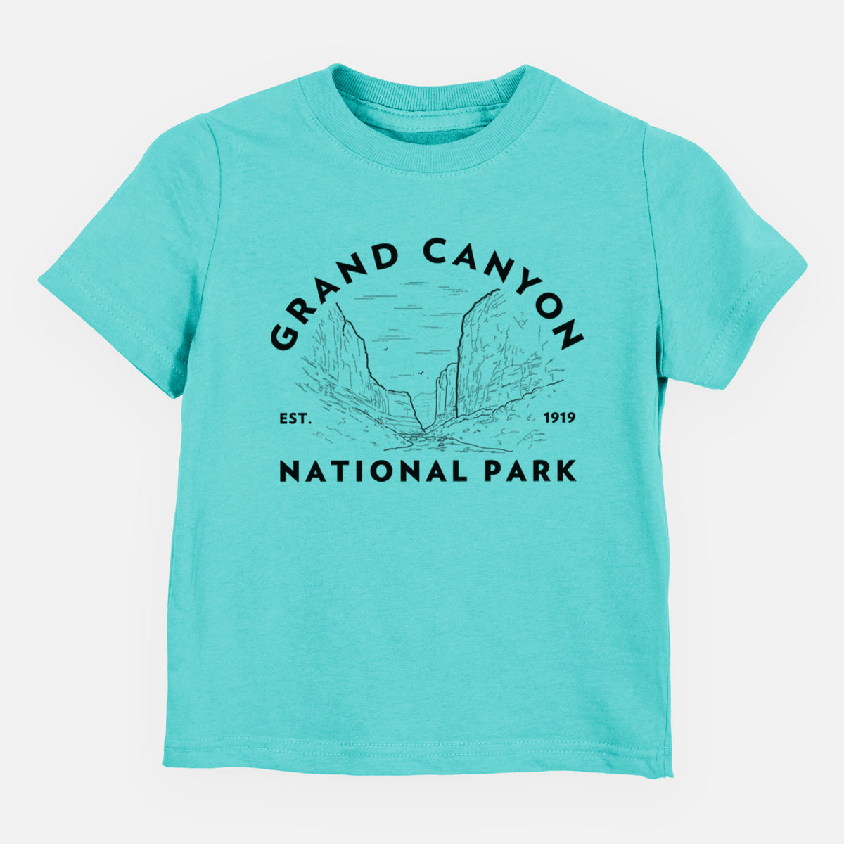 Caribbean blue toddler t-shirt laid flat, printed with a round badge of canyon cliffs, with the words Grand Canyon National Park, Est. 1919.