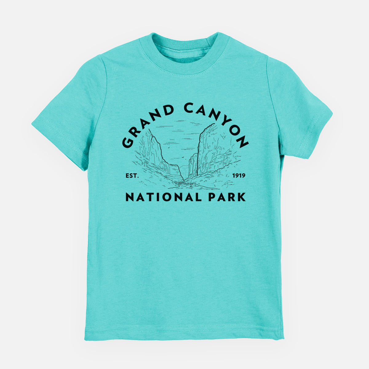 Caribbean blue youth t-shirt laid flat, printed with a round badge of canyon cliffs, with the words Grand Canyon National Park, Est. 1919.