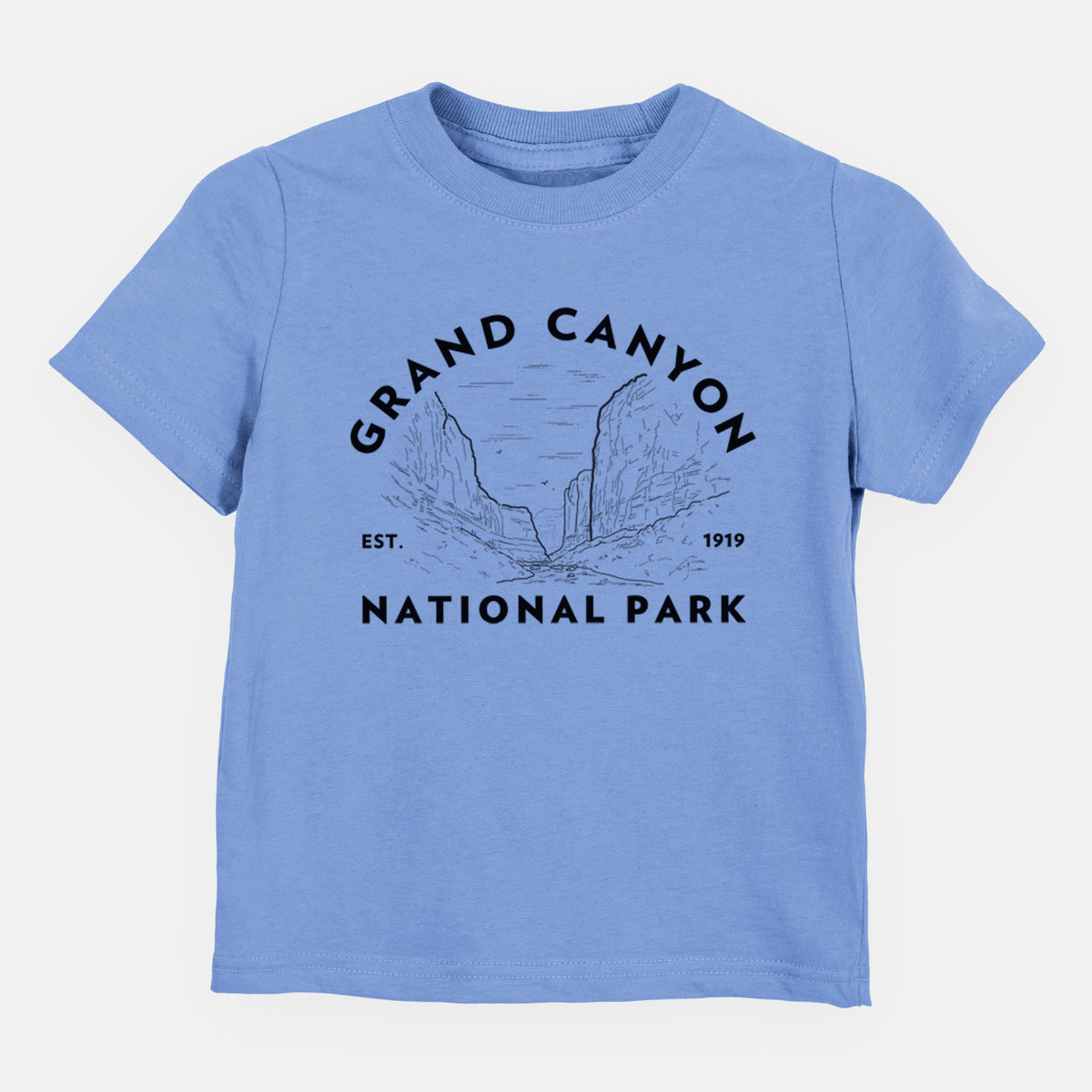 Carolina blue toddler t-shirt laid flat, printed with a round badge of canyon cliffs, with the words Grand Canyon National Park, Est. 1919.