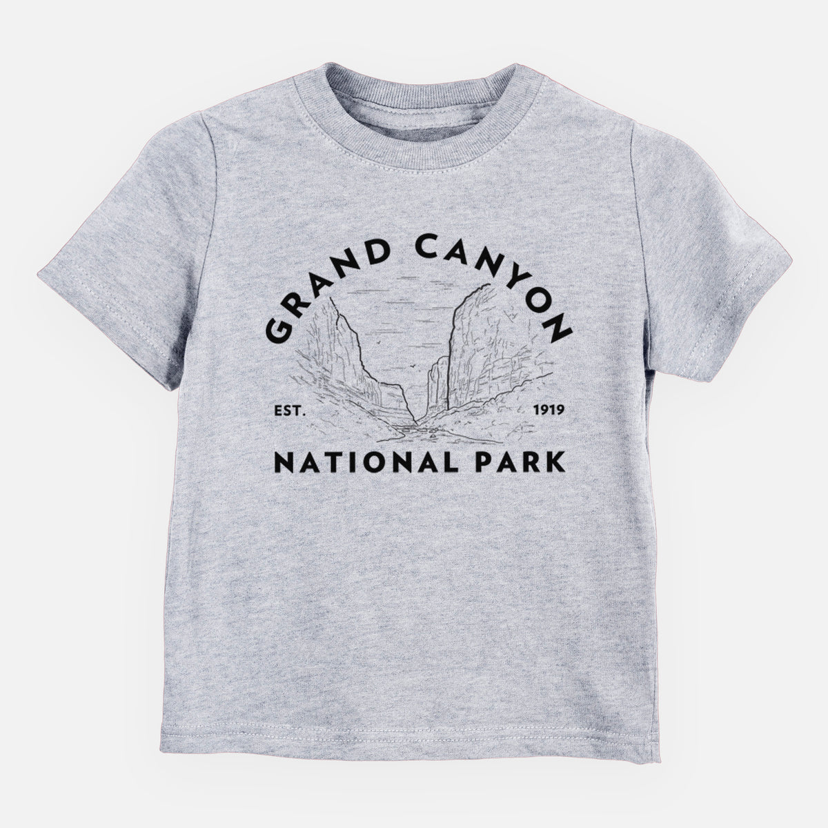 Heather grey toddler t-shirt laid flat, printed with a round badge of canyon cliffs, with the words Grand Canyon National Park, Est. 1919.