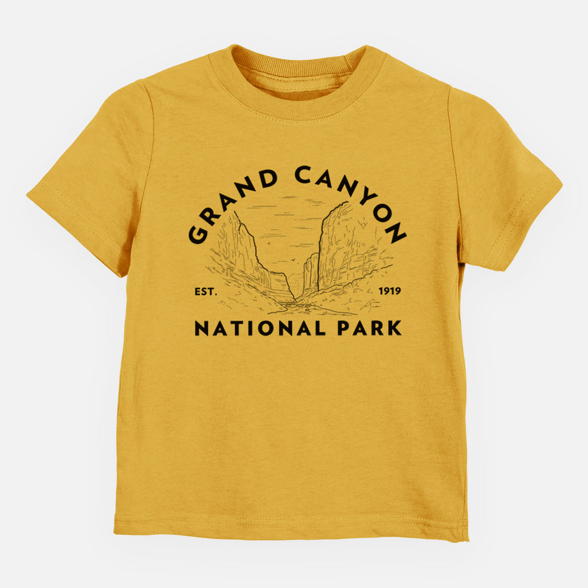 Honeycomb yellow toddler t-shirt laid flat, printed with a round badge of canyon cliffs, with the words Grand Canyon National Park, Est. 1919.