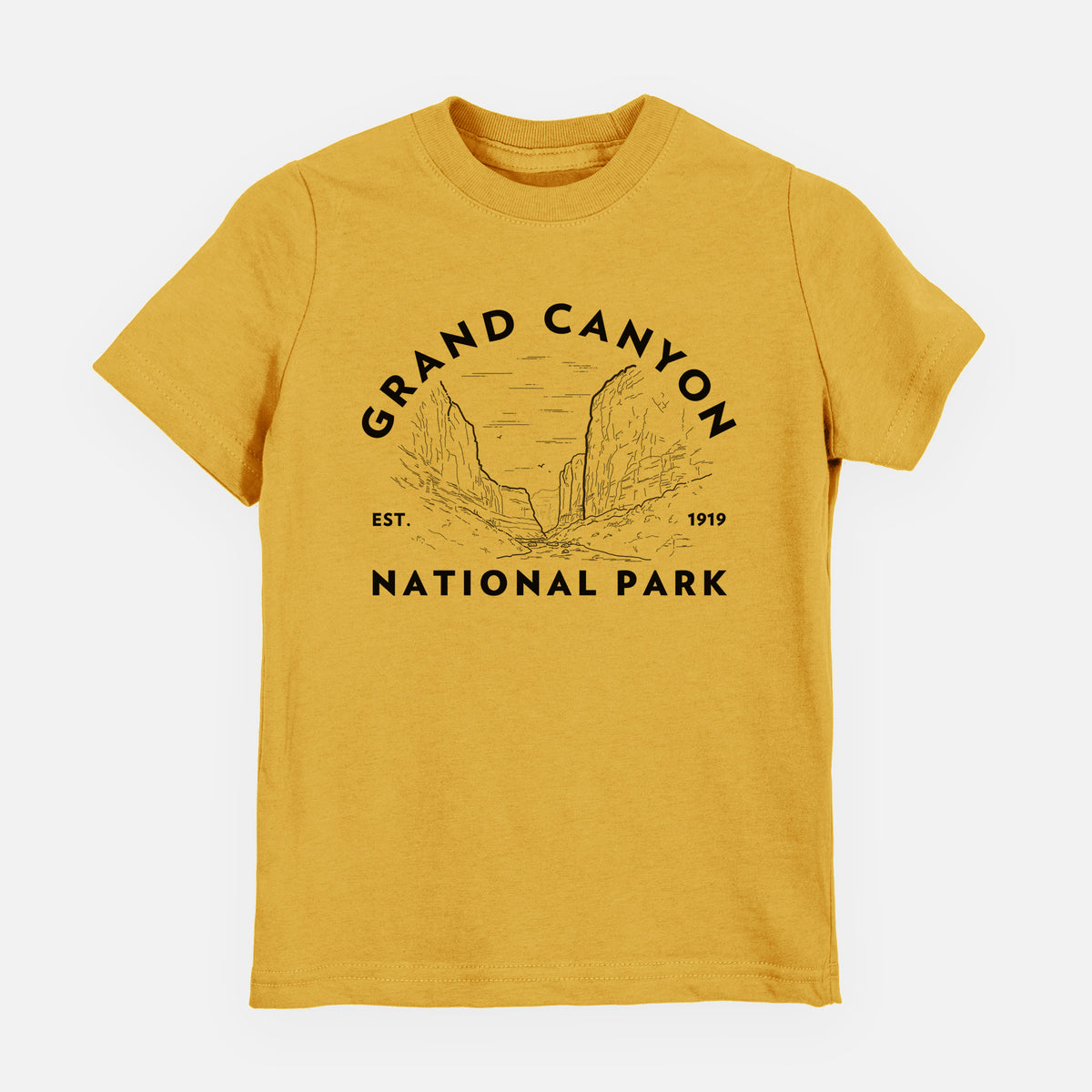 Honeycomb yellow youth t-shirt laid flat, printed with a round badge of canyon cliffs, with the words Grand Canyon National Park, Est. 1919.