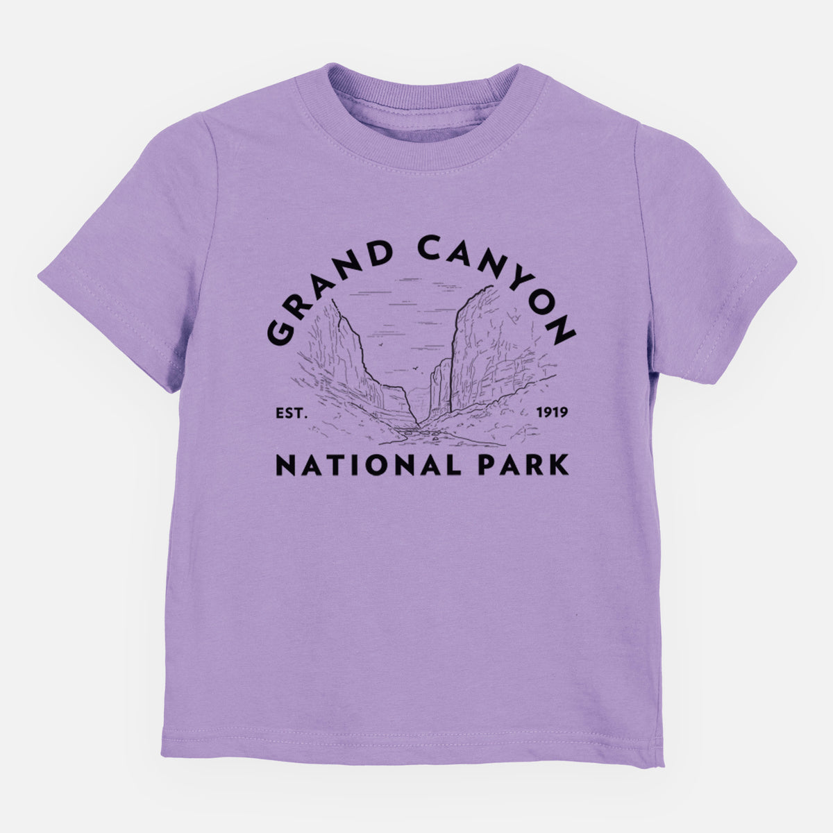Lavender toddler t-shirt laid flat, printed with a round badge of canyon cliffs, with the words Grand Canyon National Park, Est. 1919.