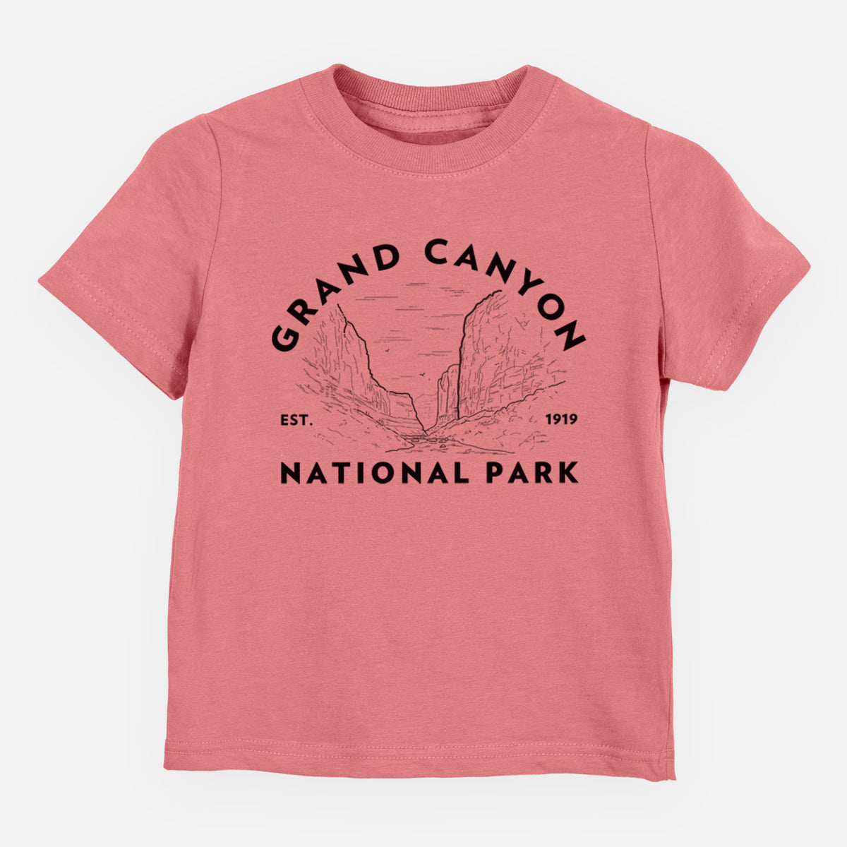 Mauve pink toddler t-shirt laid flat, printed with a round badge of canyon cliffs, with the words Grand Canyon National Park, Est. 1919.