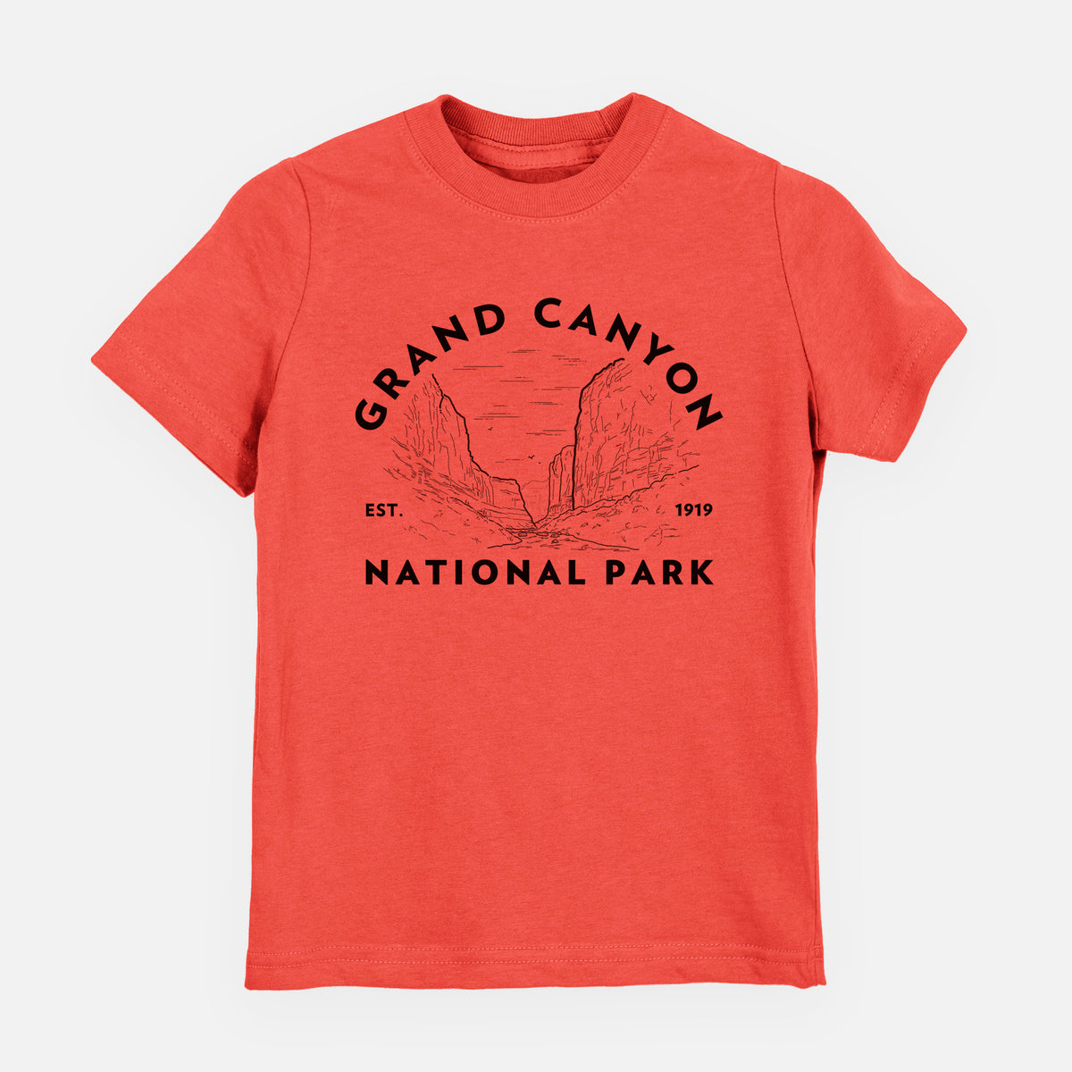 Passionfruit pink youth t-shirt laid flat, printed with a round badge of canyon cliffs, with the words Grand Canyon National Park, Est. 1919.