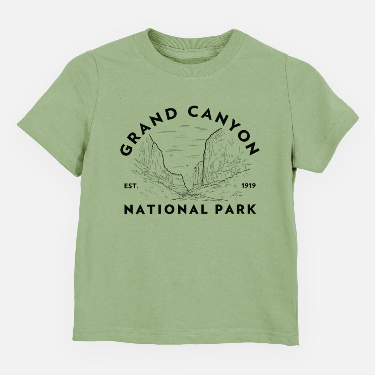 Sage green toddler t-shirt laid flat, printed with a round badge of canyon cliffs, with the words Grand Canyon National Park, Est. 1919.