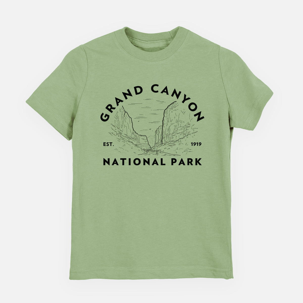 Sage green youth t-shirt laid flat, printed with a round badge of canyon cliffs, with the words Grand Canyon National Park, Est. 1919.
