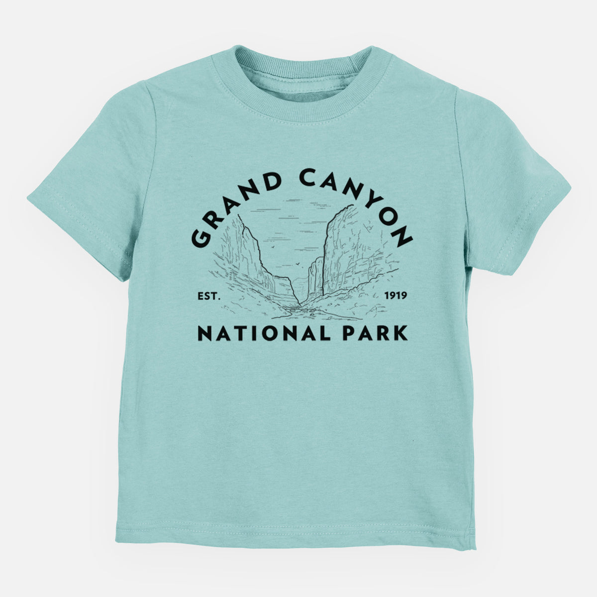 Saltwater toddler t-shirt laid flat, printed with a round badge of canyon cliffs, with the words Grand Canyon National Park, Est. 1919.