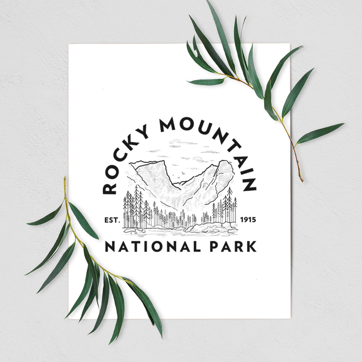 Art print of a round badge of mountains and pine trees, with the words Rocky Mountain National Park, Est. 1915, shown with eucalyptus leaves.