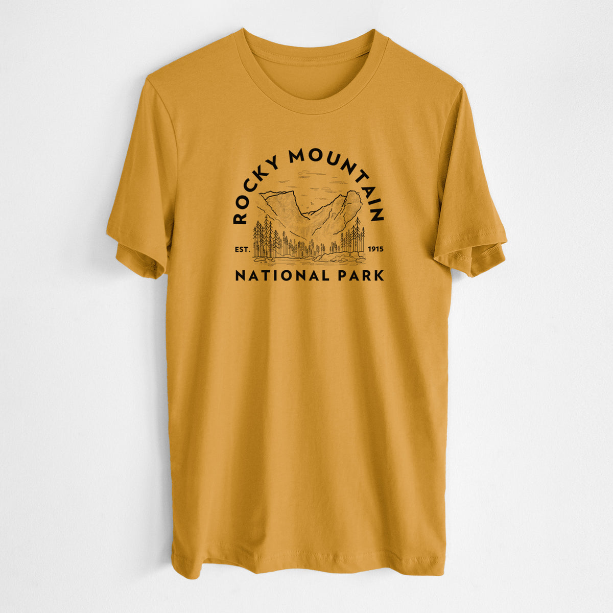 Honeycomb yellow lightweight cotton t-shirt laid flat, printed with a round badge of mountains and pine trees, with the words Rocky Mountain National Park, Est. 1915.