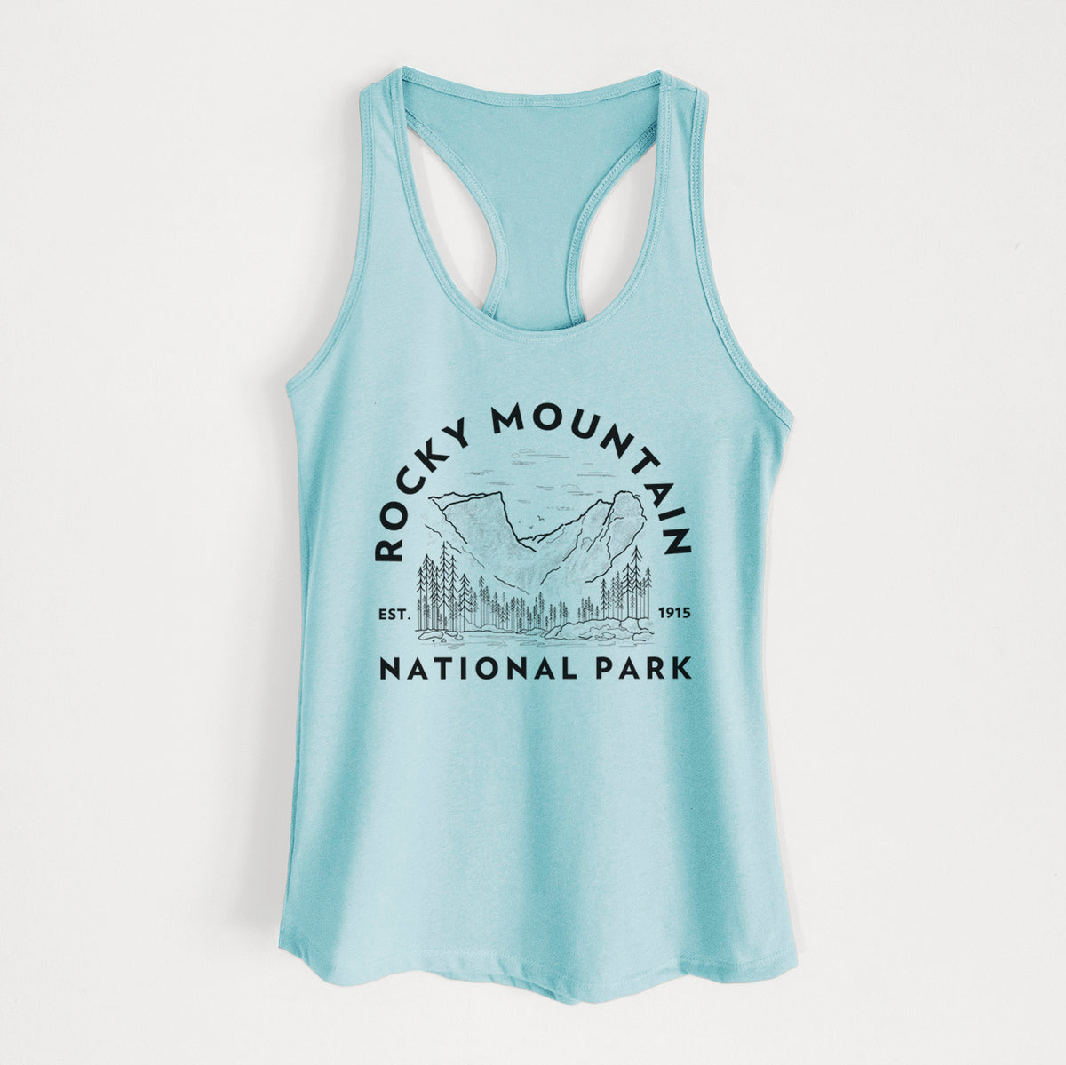 Cancun blue women's racerback tank top laid flat, printed with a round badge of mountains and pine trees, with the words Rocky Mountain National Park, Est. 1915.