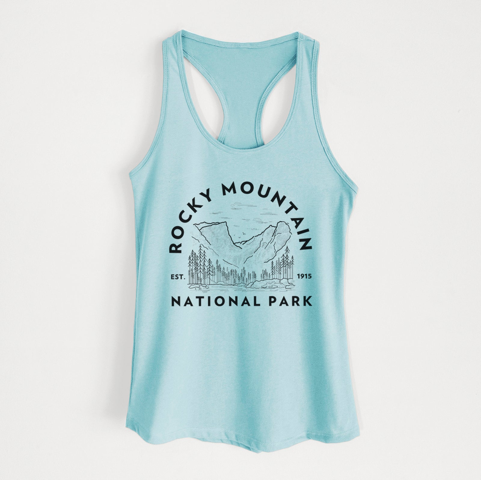 Banana cream women's racerback tank top laid flat, printed with a round badge of mountains and pine trees, with the words Rocky Mountain National Park, Est. 1915.