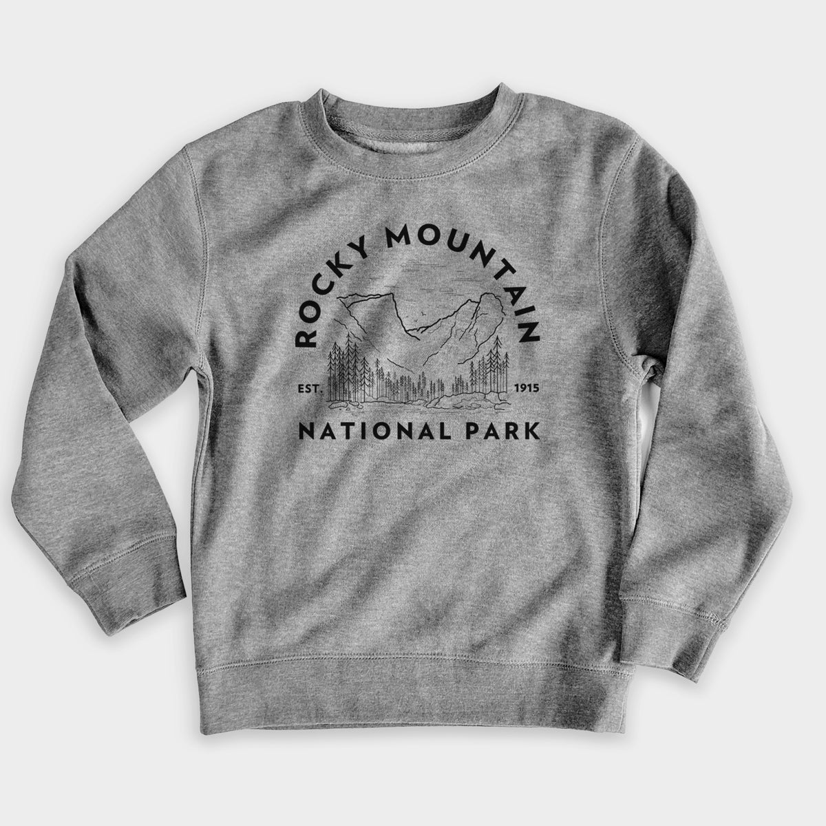 Nickel grey youth crewneck sweatshirt laid flat, printed with a round badge of mountains and pine trees, with the words Rocky Mountain National Park, Est. 1915.