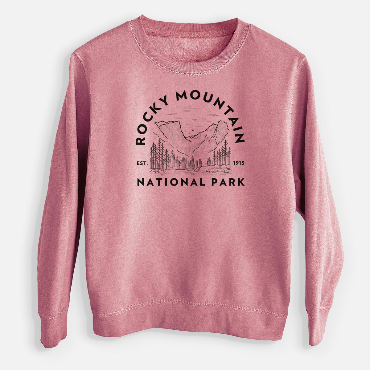 Mauve pink youth crewneck sweatshirt laid flat, printed with a round badge of mountains and pine trees, with the words Rocky Mountain National Park, Est. 1915.