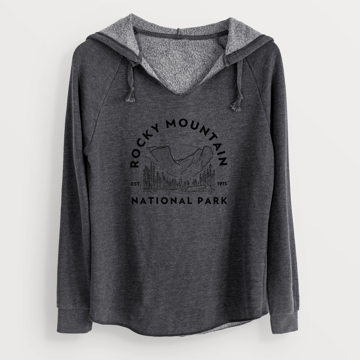 Charcoal grey women's Cali Wave hooded sweatshirt laid flat, printed with a round badge of mountains and pine trees, with the words Rocky Mountain National Park, Est. 1915.