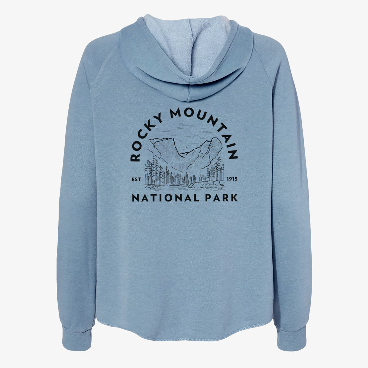 Misty blue women's Cali Wave zip-up sweatshirt laid flat, printed with a round badge of mountains and pine trees, with the words Rocky Mountain National Park, Est. 1915.