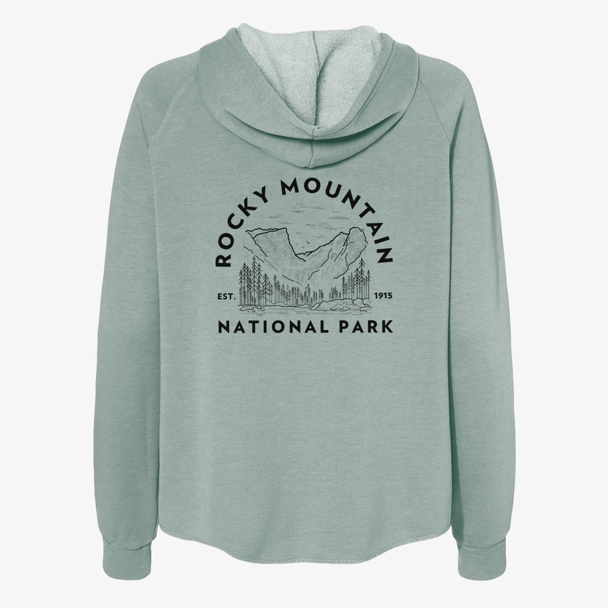 Sage green women's Cali Wave zip-up sweatshirt laid flat, printed with a round badge of mountains and pine trees, with the words Rocky Mountain National Park, Est. 1915.