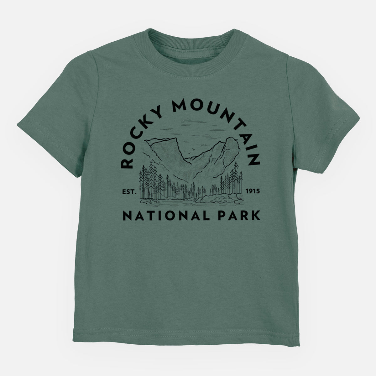 Basil green toddler t-shirt laid flat, printed with a round badge of mountains and pine trees, with the words Rocky Mountain National Park, Est. 1915.