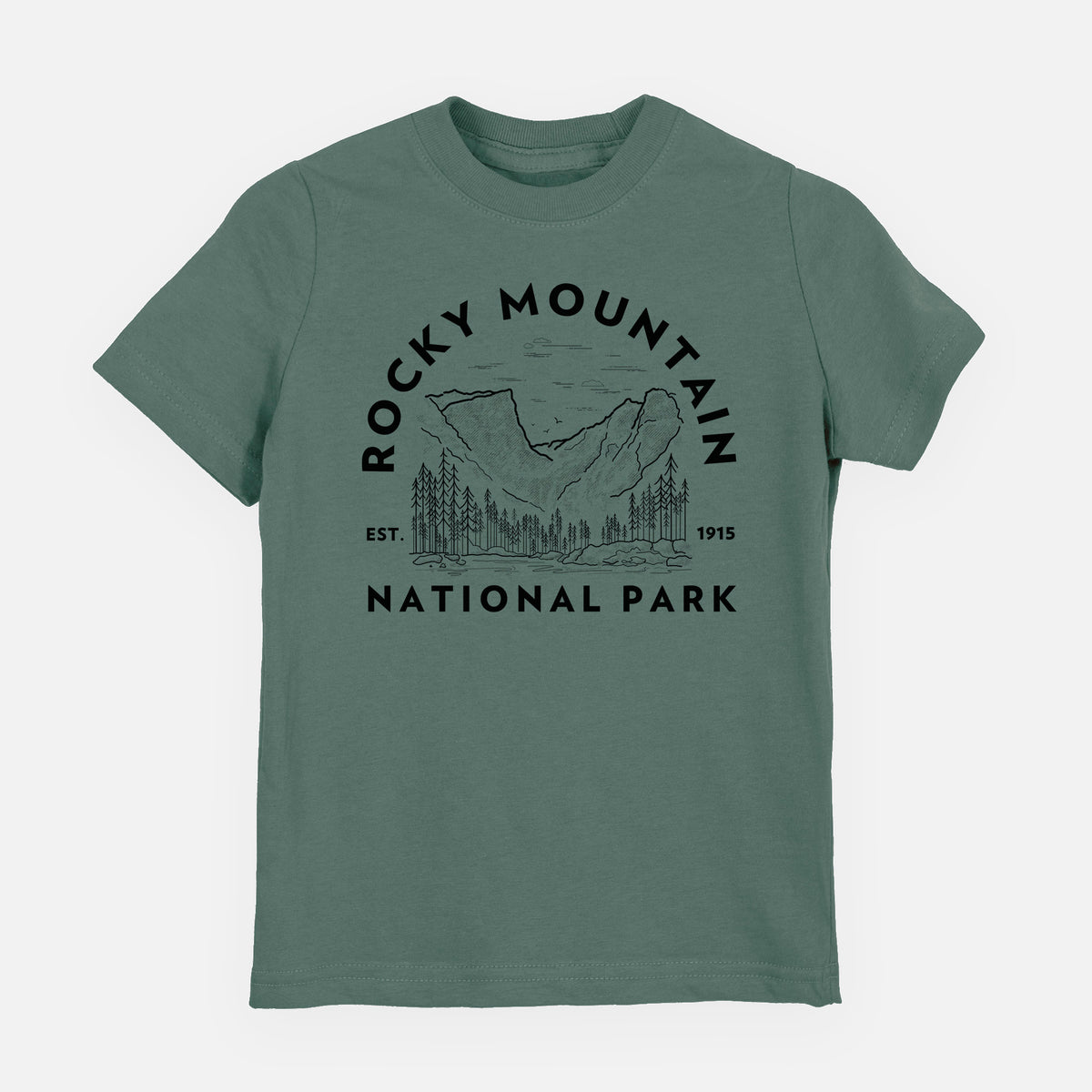 Basil green youth t-shirt laid flat, printed with a round badge of mountains and pine trees, with the words Rocky Mountain National Park, Est. 1915.