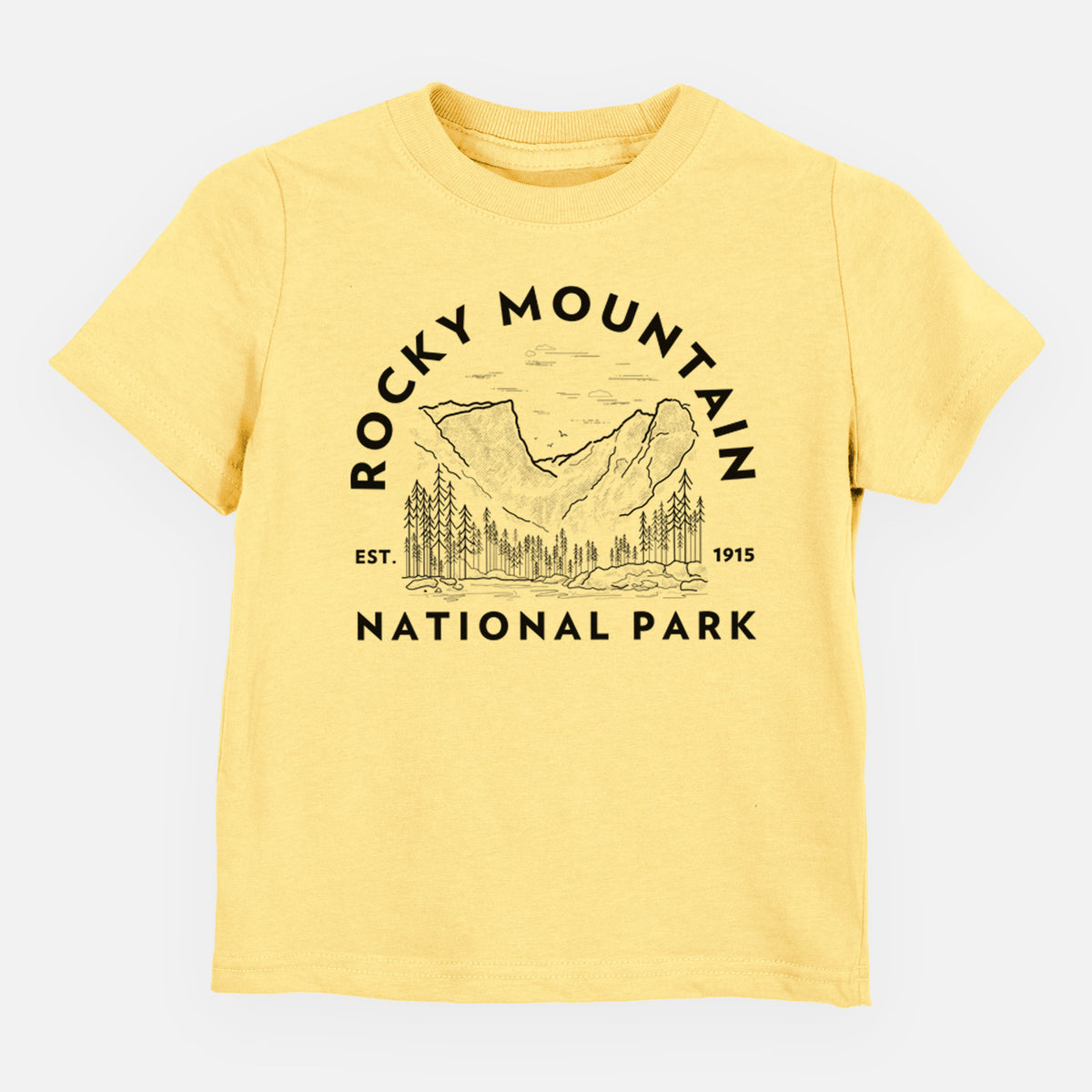 Butter yellow toddler t-shirt laid flat, printed with a round badge of mountains and pine trees, with the words Rocky Mountain National Park, Est. 1915.