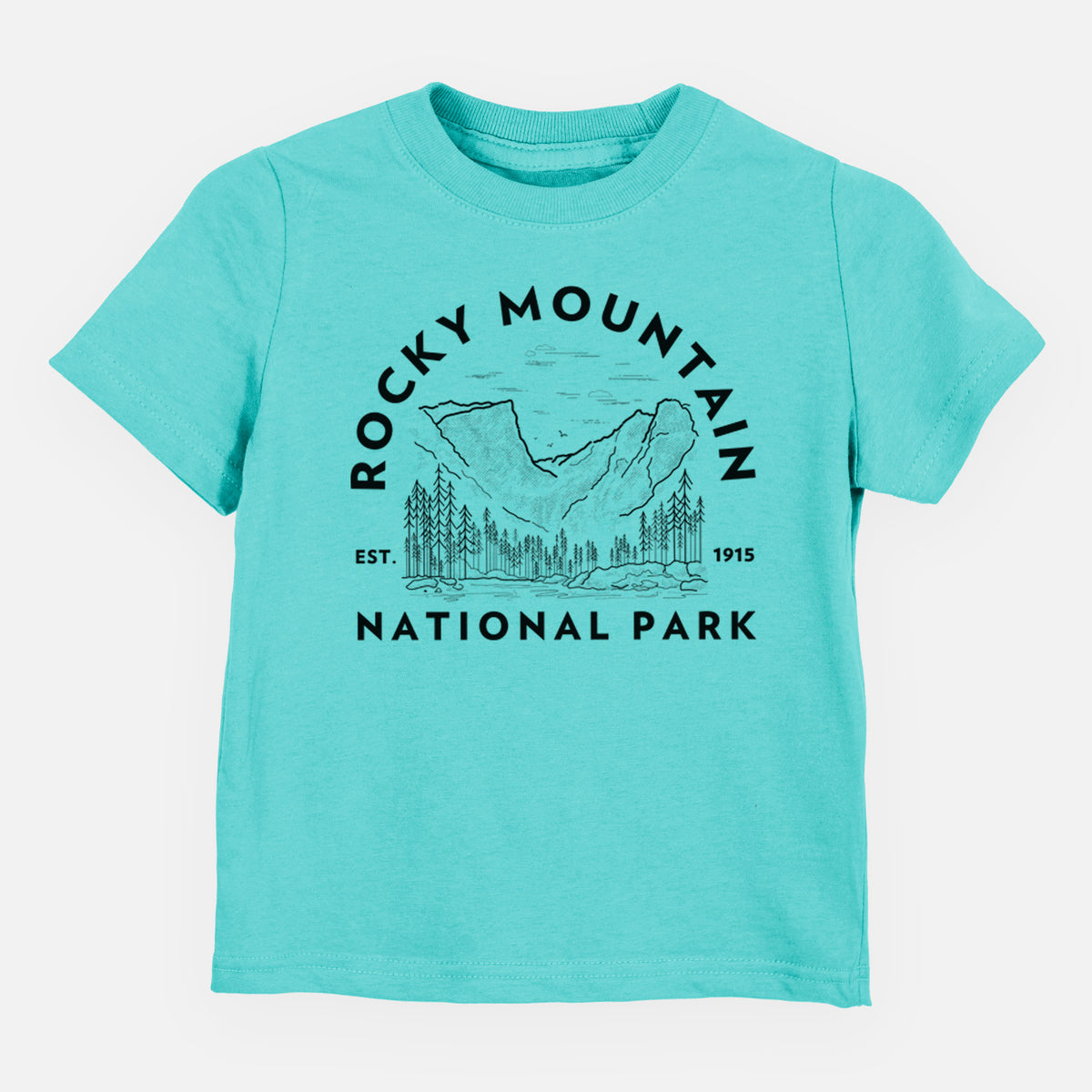 Caribbean blue toddler t-shirt laid flat, printed with a round badge of mountains and pine trees, with the words Rocky Mountain National Park, Est. 1915.