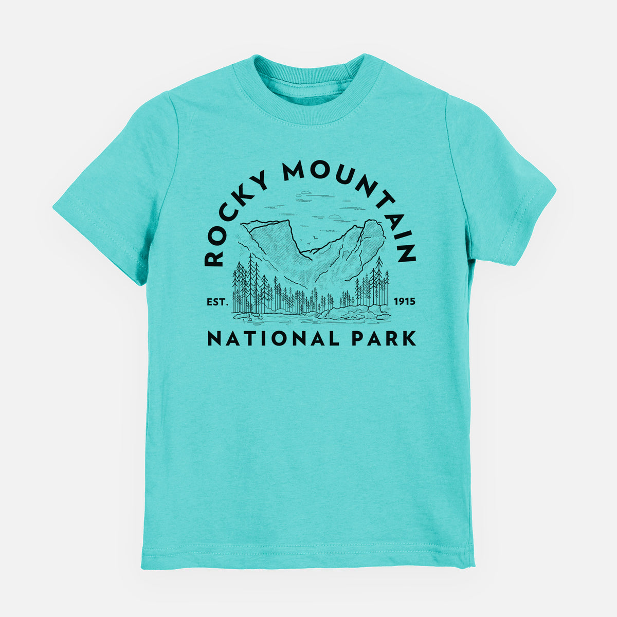 Caribbean blue youth t-shirt laid flat, printed with a round badge of mountains and pine trees, with the words Rocky Mountain National Park, Est. 1915.