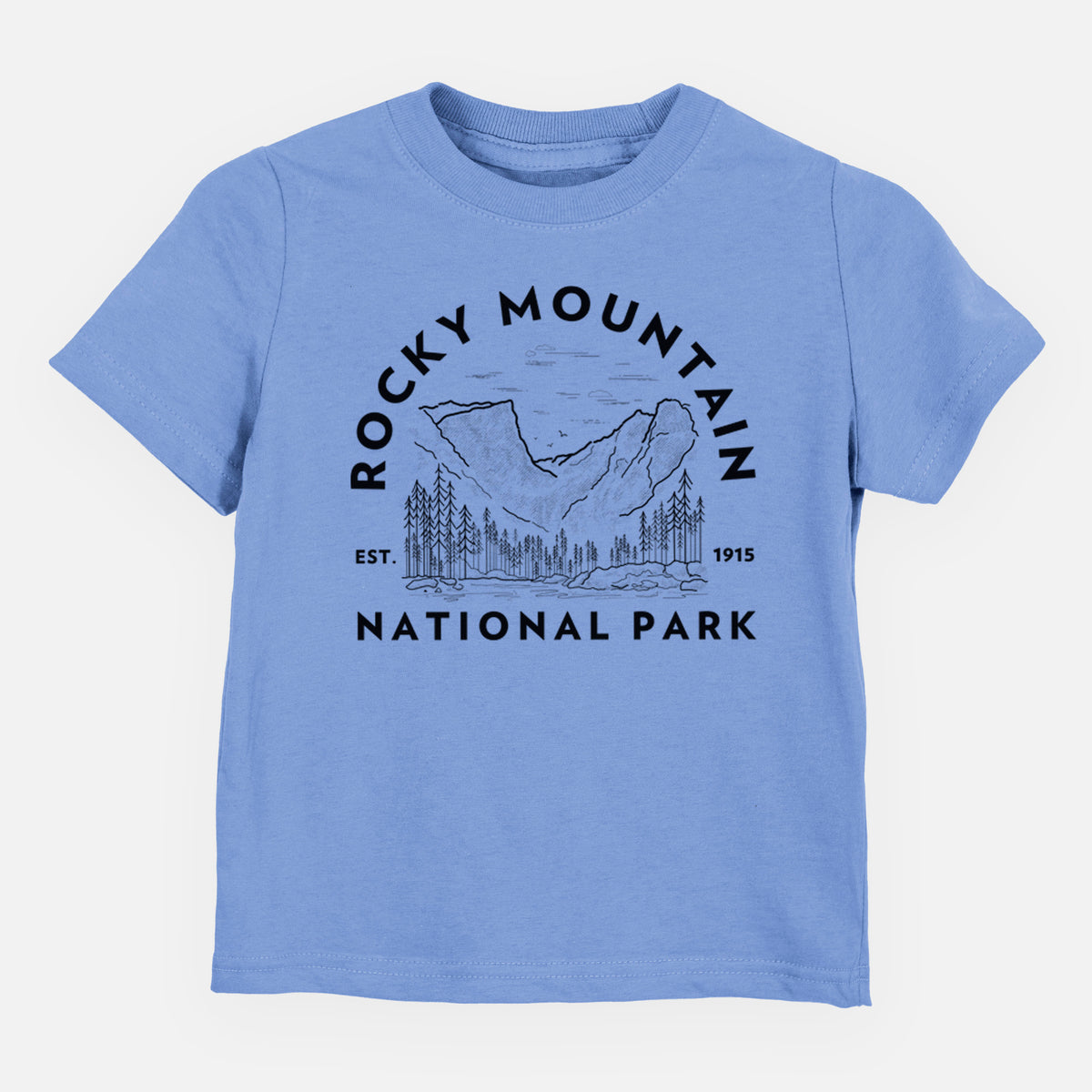 Carolina blue toddler t-shirt laid flat, printed with a round badge of mountains and pine trees, with the words Rocky Mountain National Park, Est. 1915.