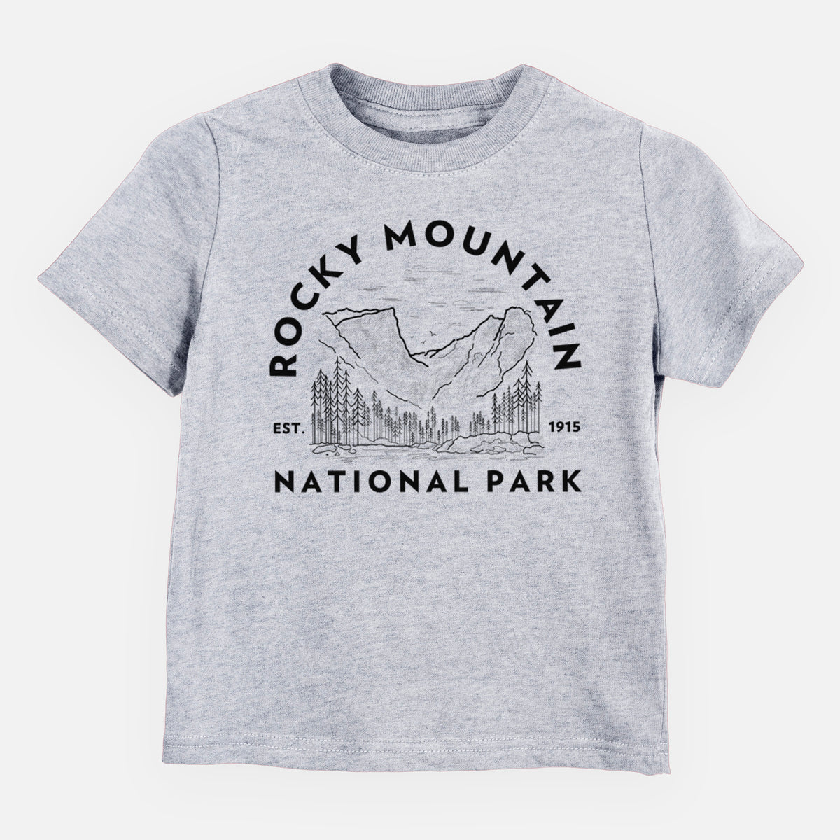 Heather grey toddler t-shirt laid flat, printed with a round badge of mountains and pine trees, with the words Rocky Mountain National Park, Est. 1915.