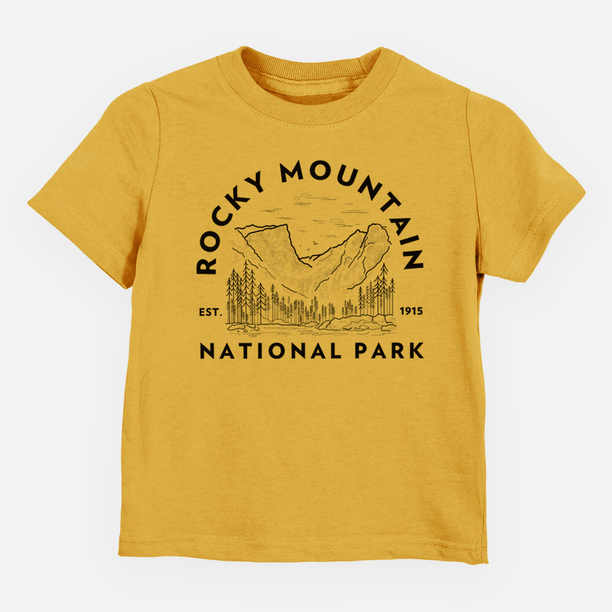 Honeycomb yellow toddler t-shirt laid flat, printed with a round badge of mountains and pine trees, with the words Rocky Mountain National Park, Est. 1915.