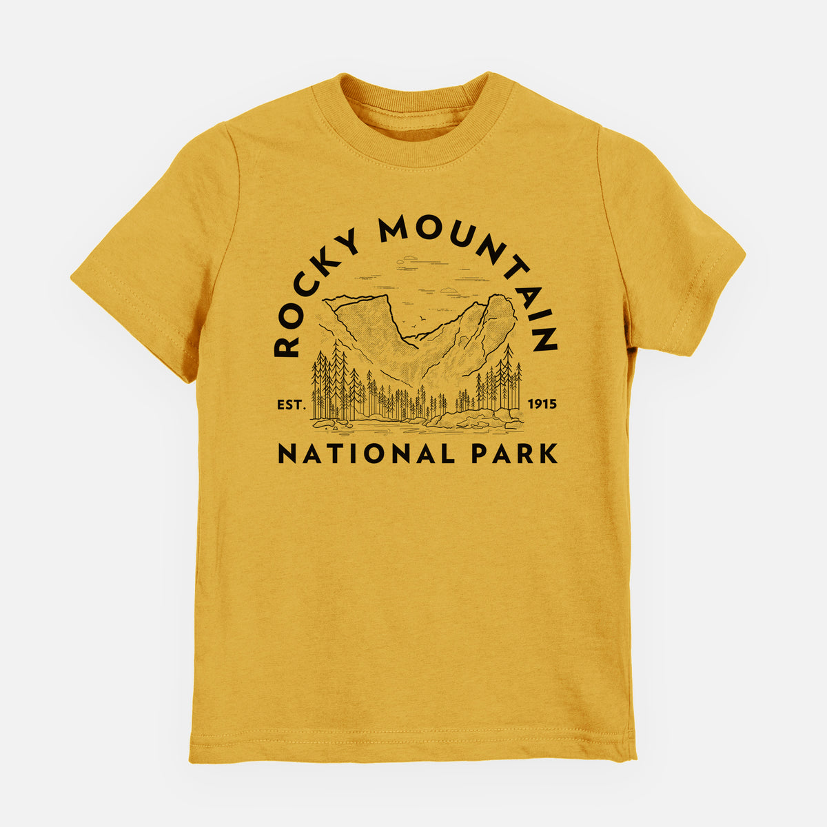 Honeycomb yellow youth t-shirt laid flat, printed with a round badge of mountains and pine trees, with the words Rocky Mountain National Park, Est. 1915.