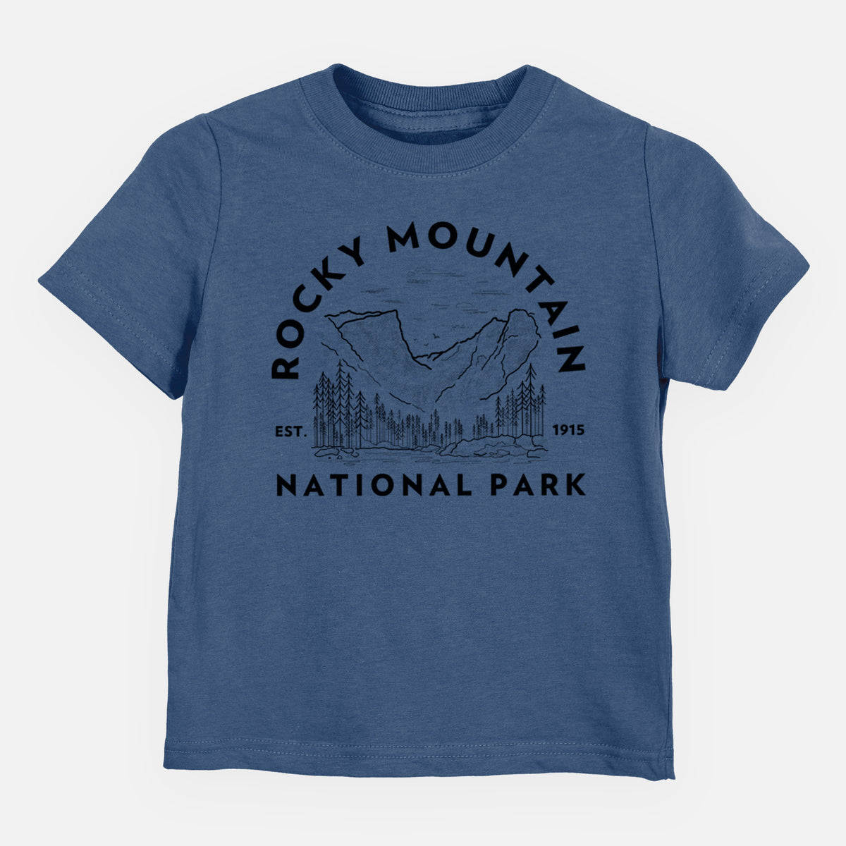 Indigo blue toddler t-shirt laid flat, printed with a round badge of mountains and pine trees, with the words Rocky Mountain National Park, Est. 1915.