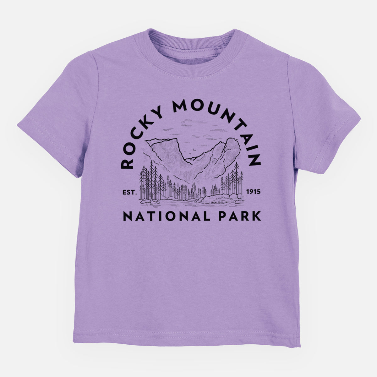 Lavender toddler t-shirt laid flat, printed with a round badge of mountains and pine trees, with the words Rocky Mountain National Park, Est. 1915.