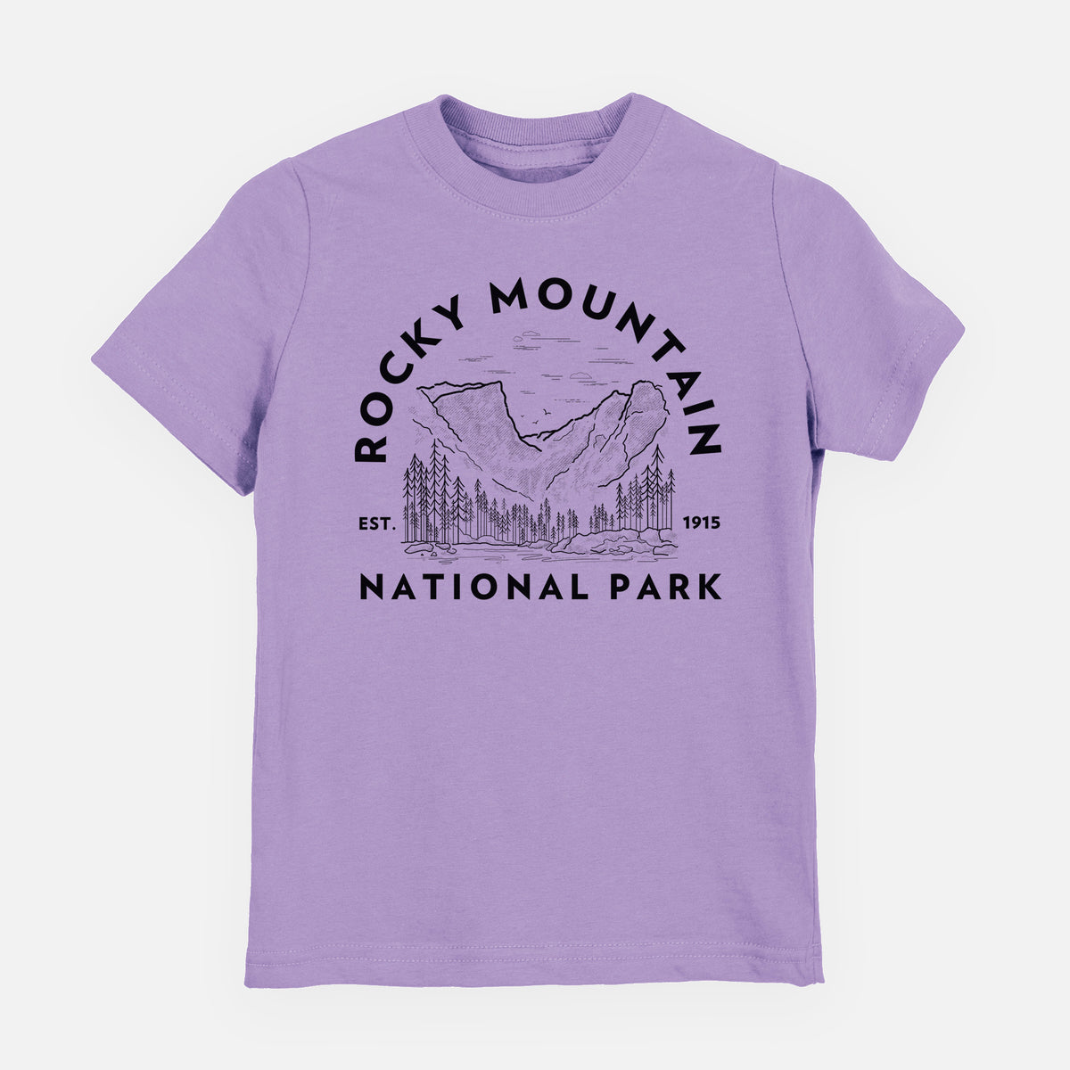 Lavender youth t-shirt laid flat, printed with a round badge of mountains and pine trees, with the words Rocky Mountain National Park, Est. 1915.