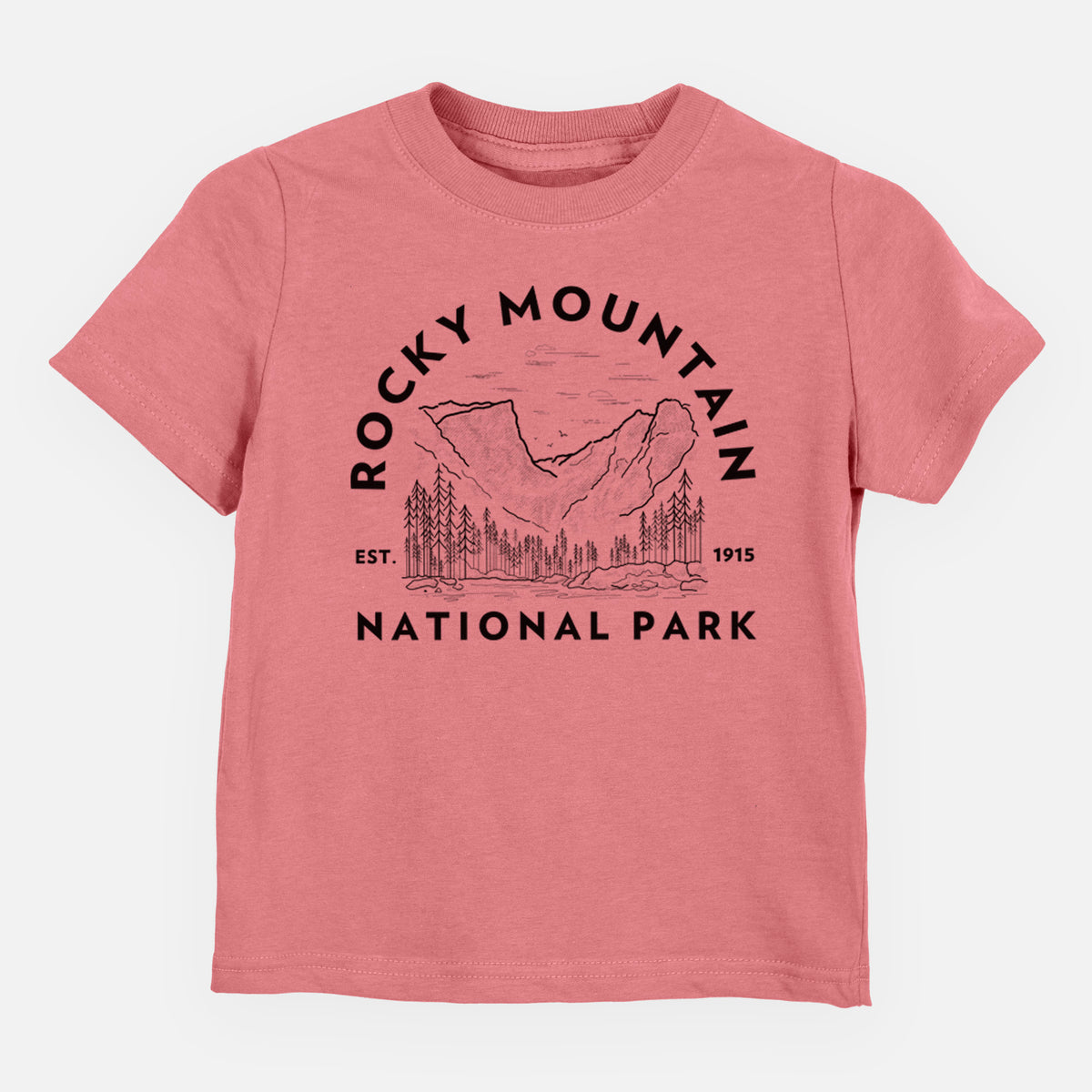 Mauve pink toddler t-shirt laid flat, printed with a round badge of mountains and pine trees, with the words Rocky Mountain National Park, Est. 1915.