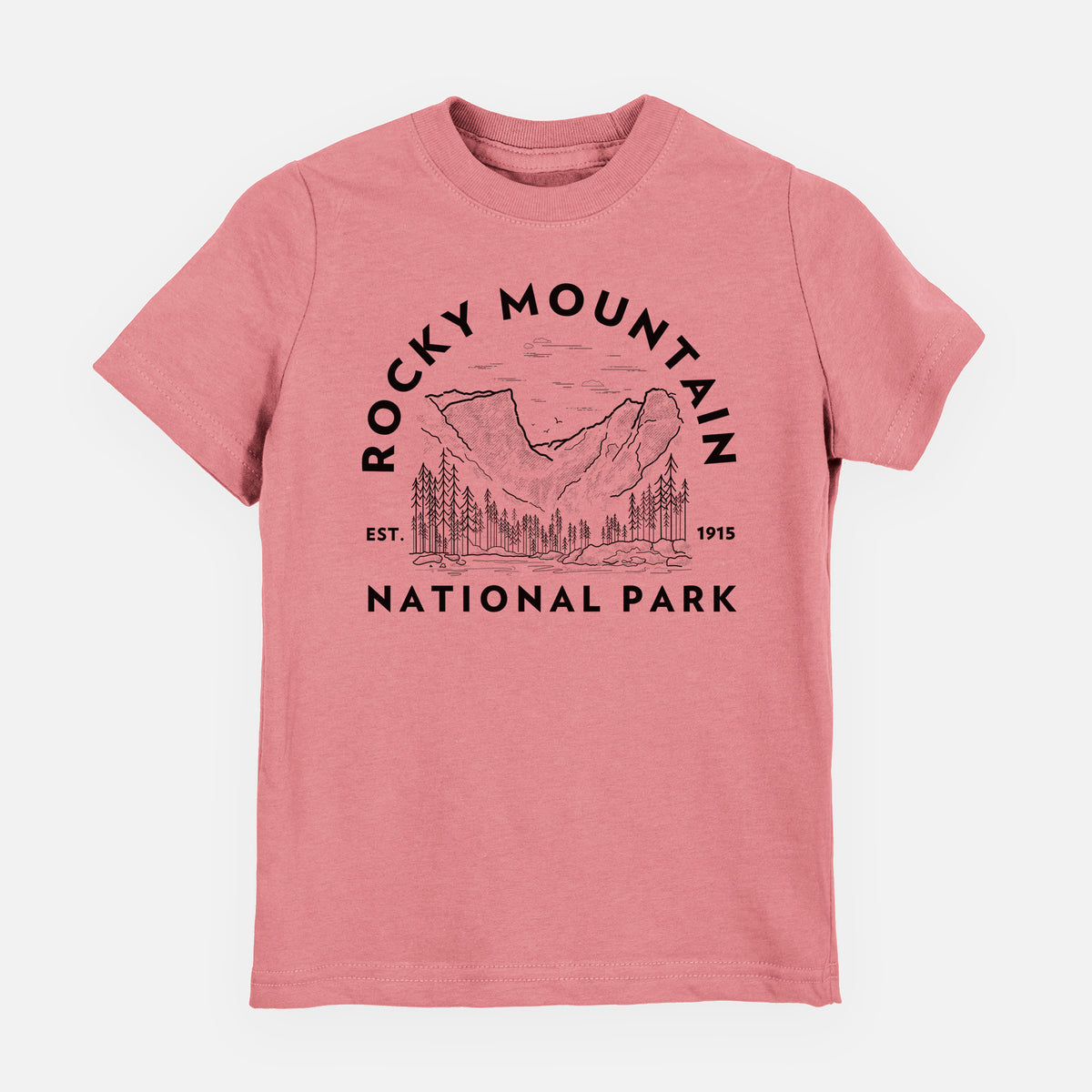 Mauve pink youth t-shirt laid flat, printed with a round badge of mountains and pine trees, with the words Rocky Mountain National Park, Est. 1915.