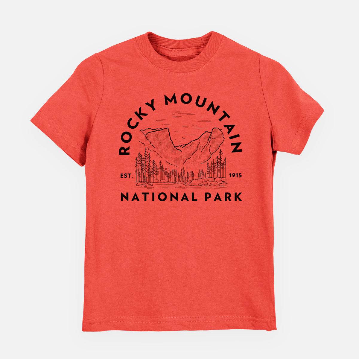 Passionfruit pink youth t-shirt laid flat, printed with a round badge of mountains and pine trees, with the words Rocky Mountain National Park, Est. 1915.