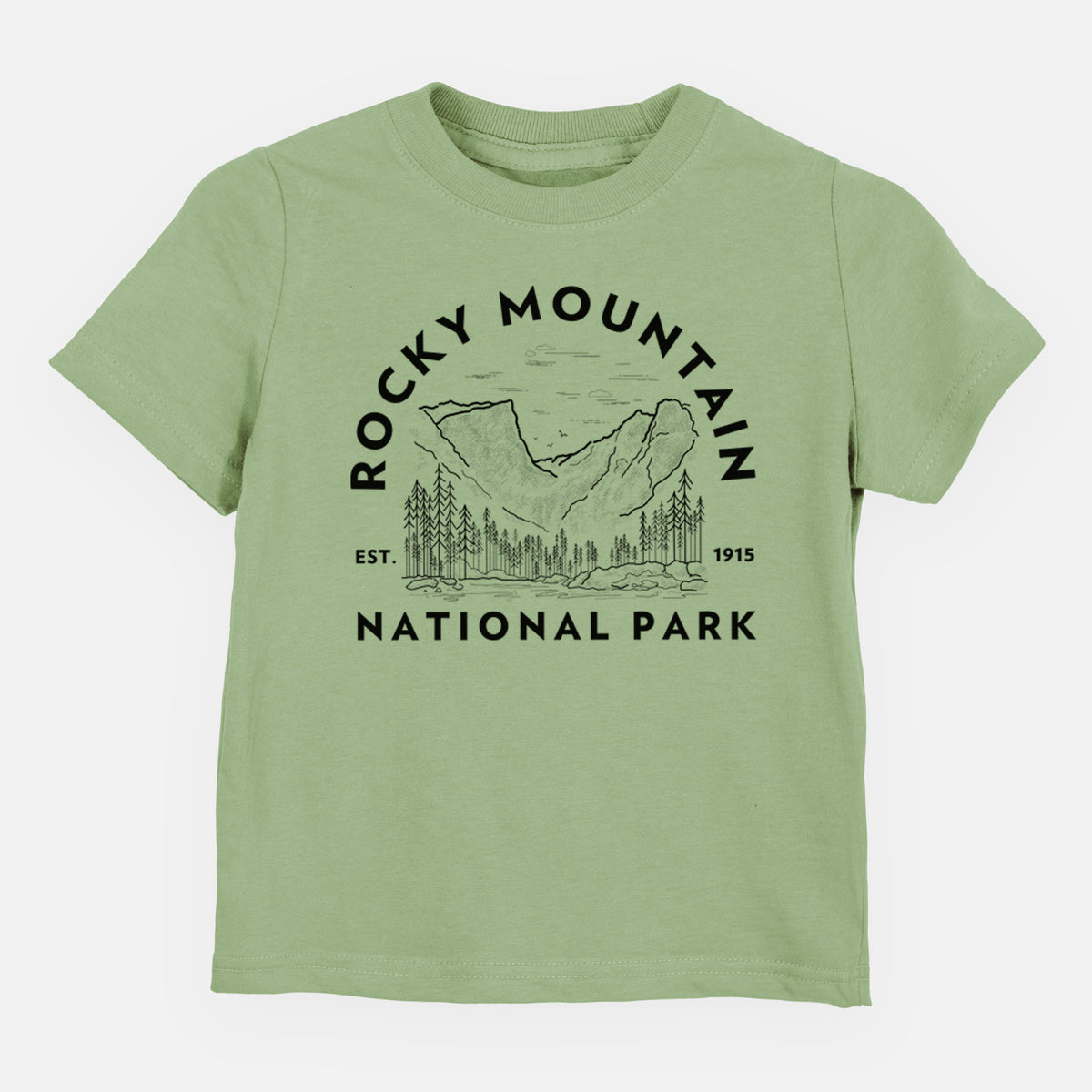 Sage green toddler t-shirt laid flat, printed with a round badge of mountains and pine trees, with the words Rocky Mountain National Park, Est. 1915.
