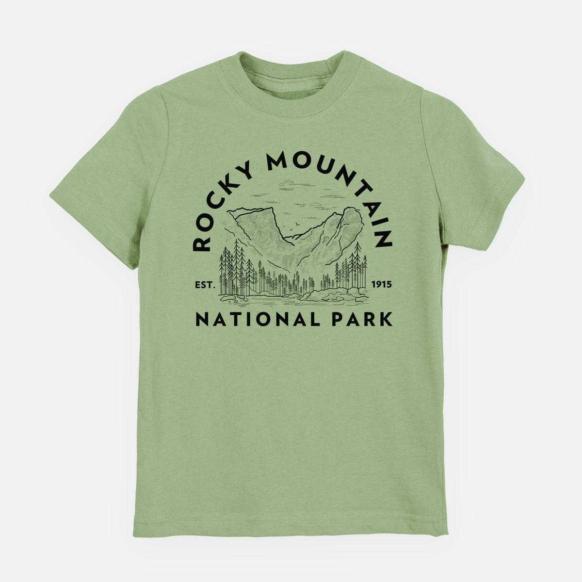 Sage green youth t-shirt laid flat, printed with a round badge of mountains and pine trees, with the words Rocky Mountain National Park, Est. 1915.