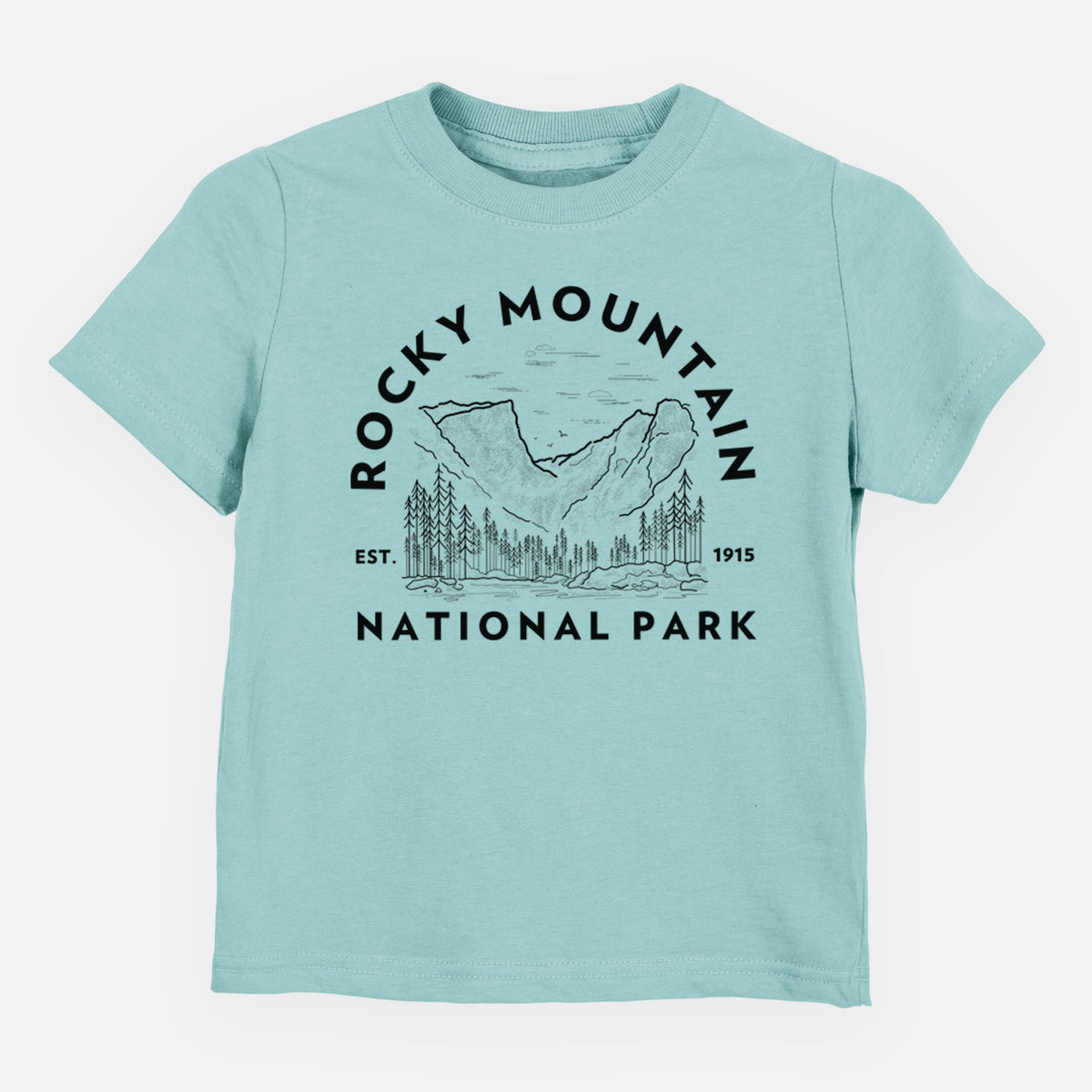 Saltwater toddler t-shirt laid flat, printed with a round badge of mountains and pine trees, with the words Rocky Mountain National Park, Est. 1915.